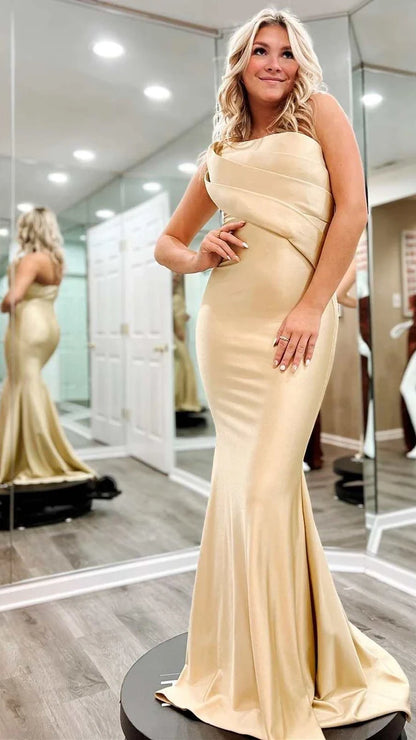 Turquoise Blue Satin Mermaid Prom Dresses Pleated Strapless College Graduation Dress,AST2214