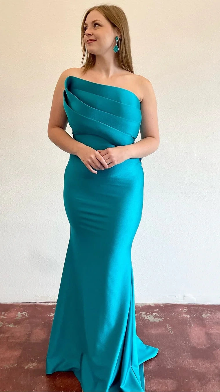 Turquoise Blue Satin Mermaid Prom Dresses Pleated Strapless College Graduation Dress,AST2214