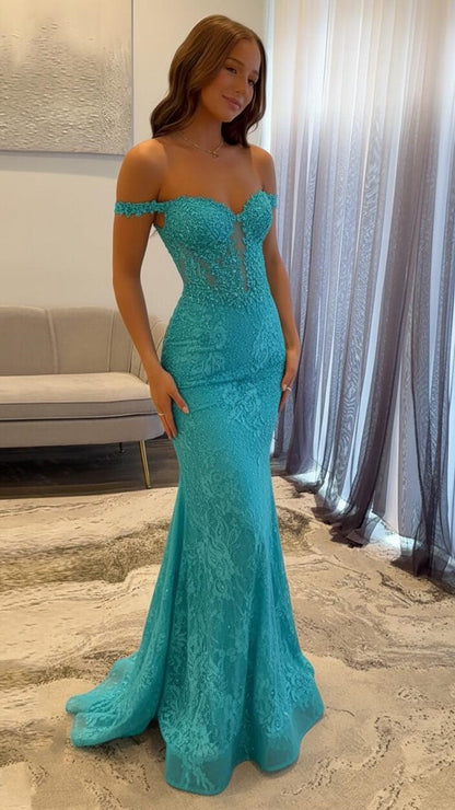 Off The Shoulder Mermaid Prom Dresses Lace Appliques Evening Party Dress,AST2290