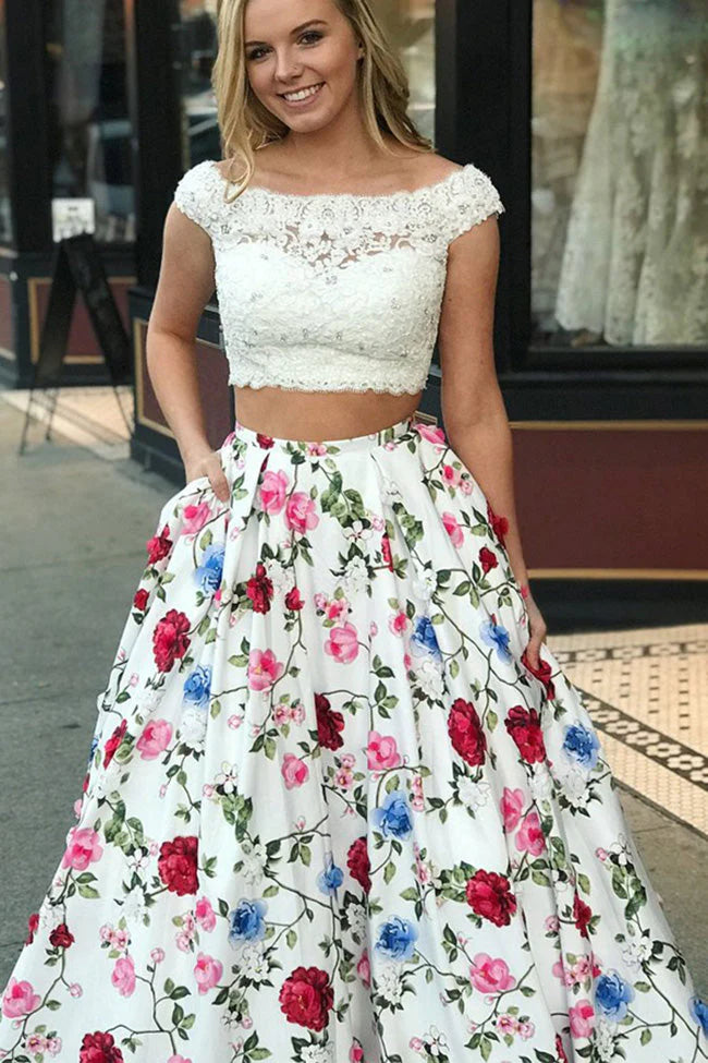 Two Pieces 3D Floral Long Prom Dress With White Lace Top,AST936