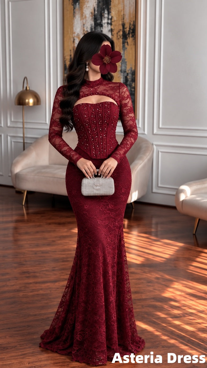Two Pieces Burgundy Mermaid Prom Dresses Beaded Long Sleeves Lace Dress