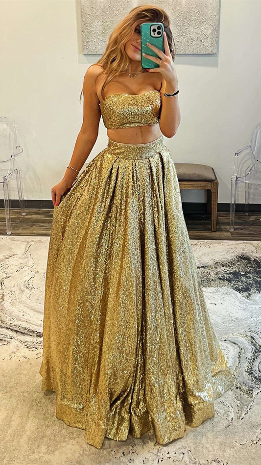 Two Pieces Gold Sequin Prom Dresses, Long Party Evening Gown, AST1561