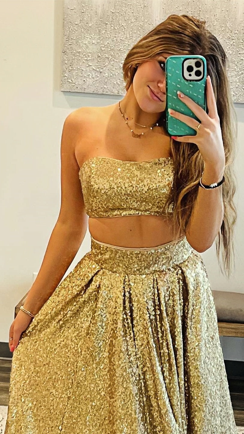 Two Pieces Gold Sequin Prom Dresses, Long Party Evening Gown, AST1561