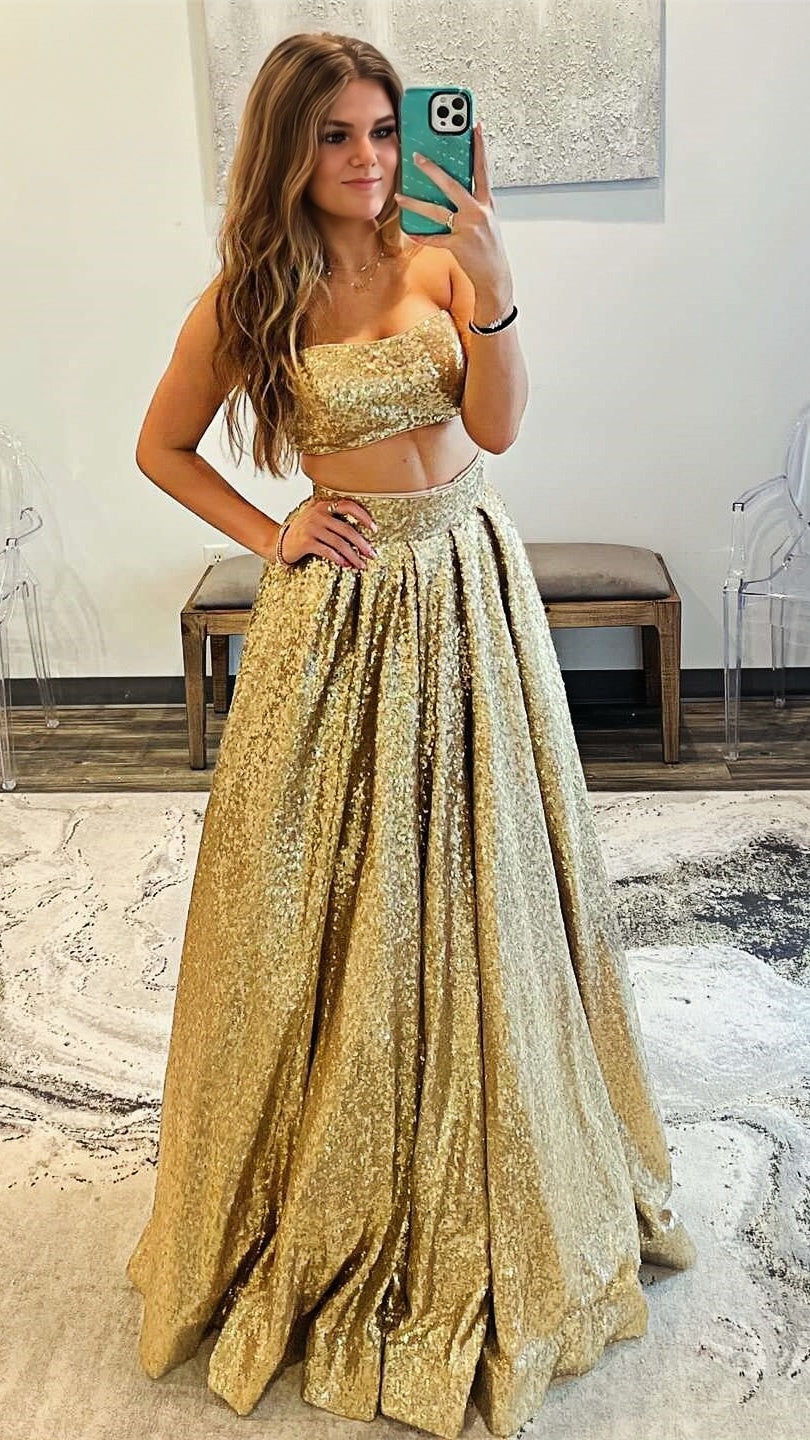 Two Pieces Gold Sequin Prom Dresses, Long Party Evening Gown, AST1561