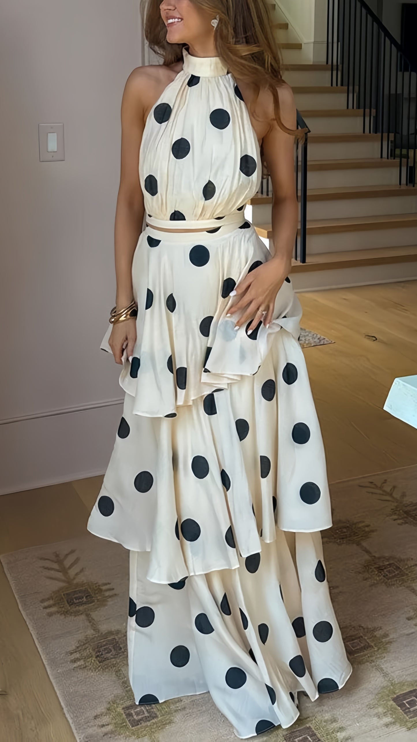 Two Pieces Halter Dots Ivory/White Prom Dresses Senior Graduation Dress Casual Outfits,AST2166