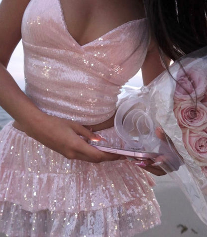 Two Pieces Light Pink Sequin Short Homecoming Dresses,AST2011