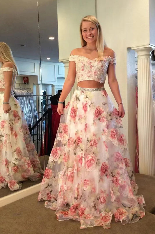 Two Pieces Pink Floral Long Prom Dress,AST935