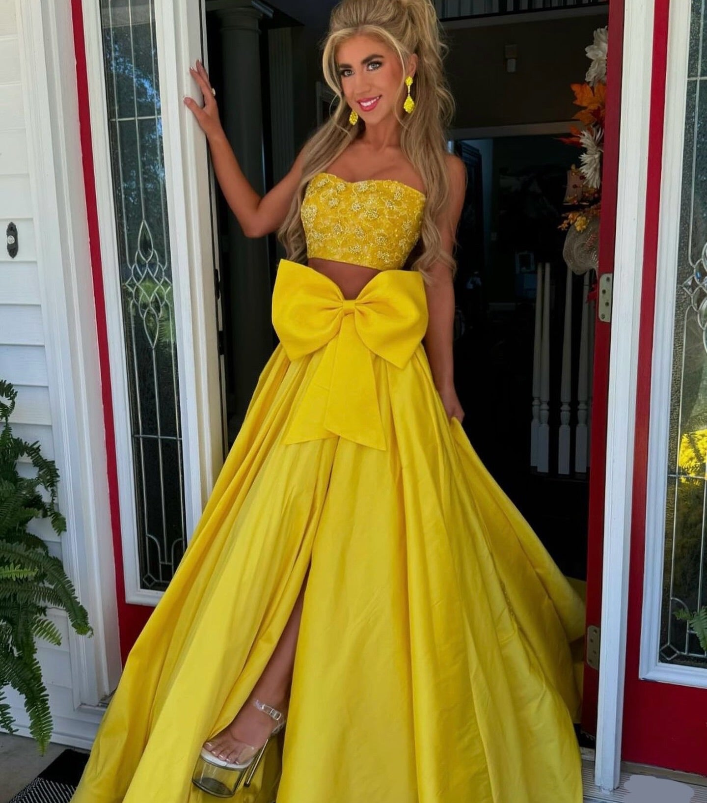 Two Pieces Yellow Prom Dress, Beaded Evening Dress, AST1550