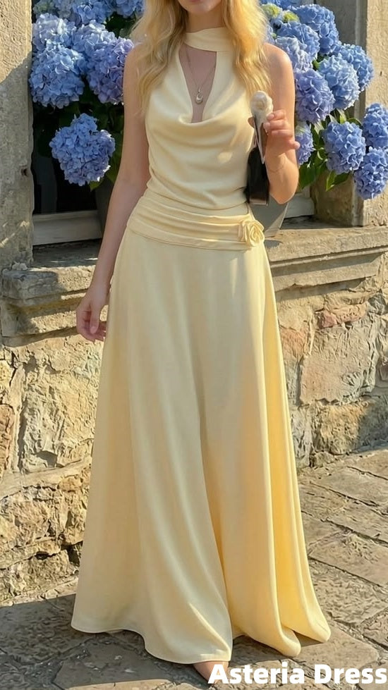 Unique Yellow Halter Floral Pleated Long Prom Dresses