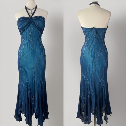 Vintage Blue Chiffon Long Prom Dresses Elegant Beaded Party Dresses Debs Outfits,AST2315