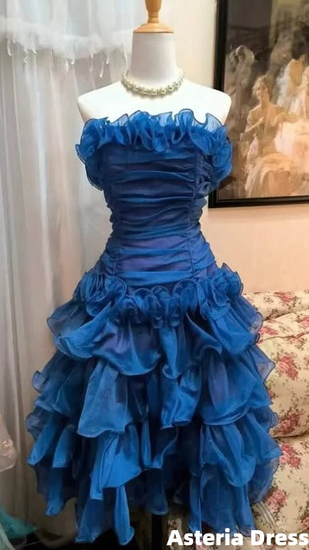 Vintage Blue Strapless Homecoming Dress Organza Ruffle Party Gown