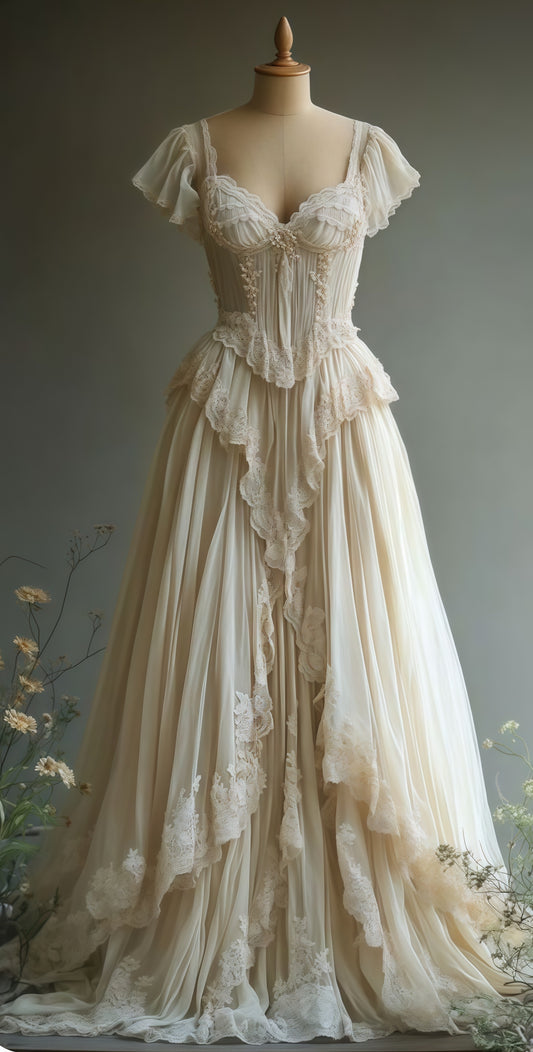 Vintage Lace Tulle Wedding Gown, Ruffles Sweetheart Bridal Dress, AST1739