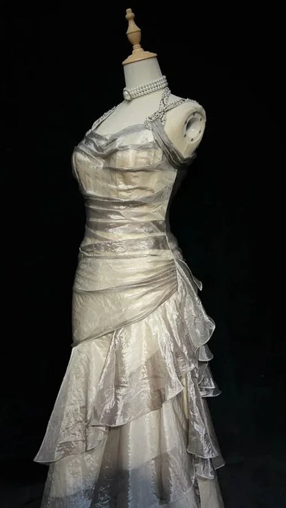Vintage Organza Beaded Ruffle Long Prom Dresses Evening Gowns,AST2075