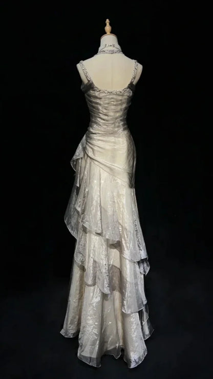 Vintage Organza Beaded Ruffle Long Prom Dresses Evening Gowns,AST2075