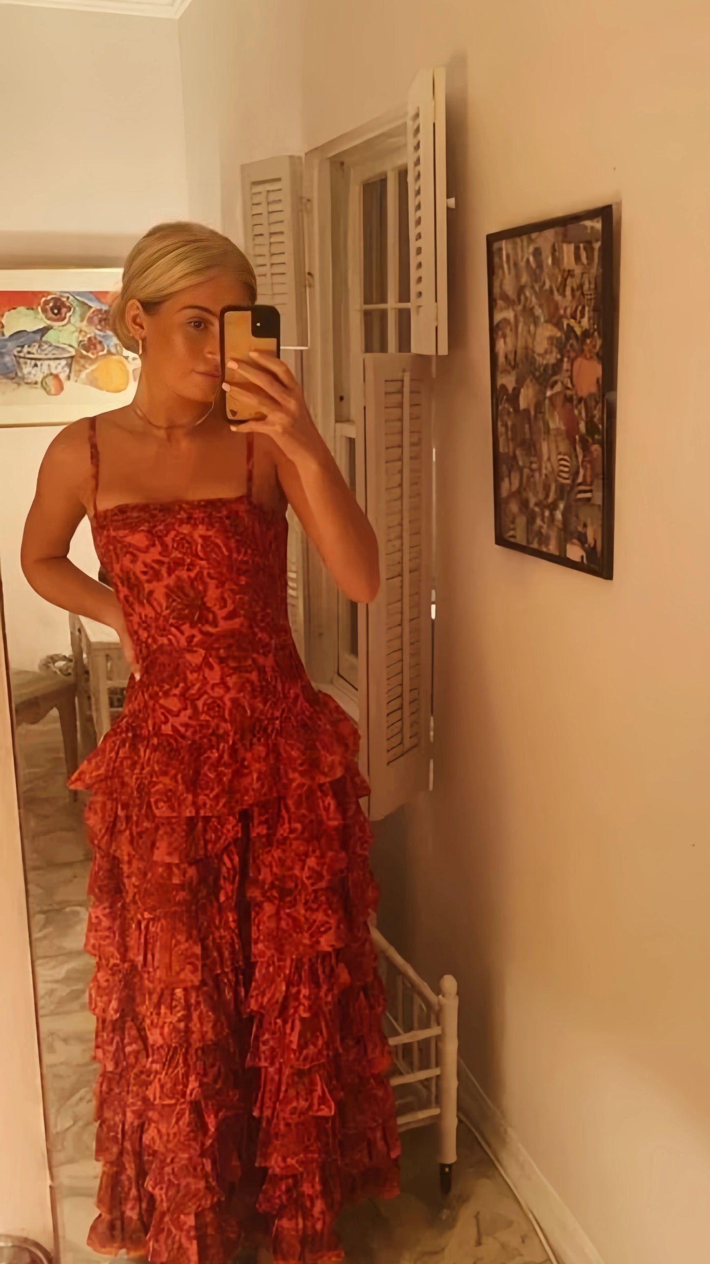 Vintage Red Floral Ruffle Prom Dresses Spaghetti Straps Evening Party Dress,AST2252