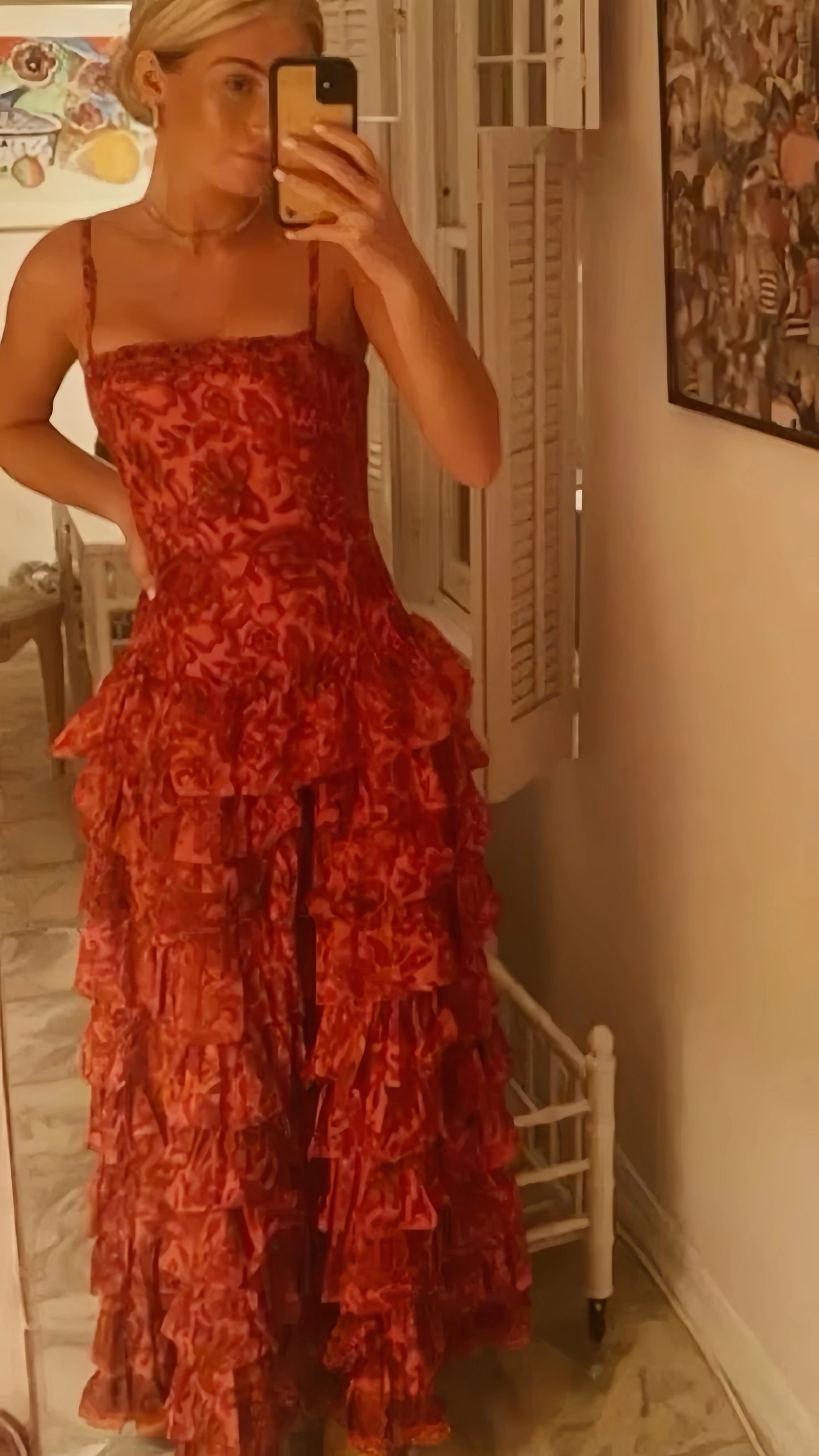 Vintage Red Floral Ruffle Prom Dresses Spaghetti Straps Evening Party Dress,AST2252