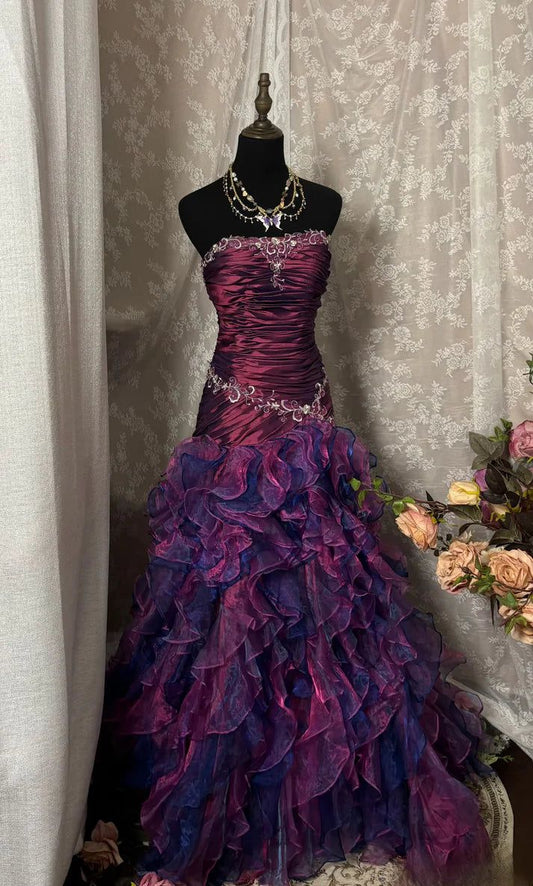 Vintage Sheath Grape Long Prom Dresses Tiered Tulle Strapless Quinceanera Dresses Sweet 16 Dresses,AST2281
