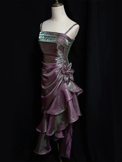 Vintage Spaghetti Straps Asymmetrical Midi Length Party Dress,AST2312