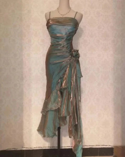 Vintage Spaghetti Straps Asymmetrical Midi Length Party Dress,AST2312