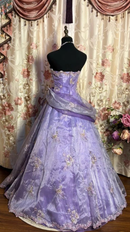 Vintage Sweet 16 Ball Gown Strapless Embroidery Lavender Organza Satin Long Prom Dress Formal Dress,AST2110