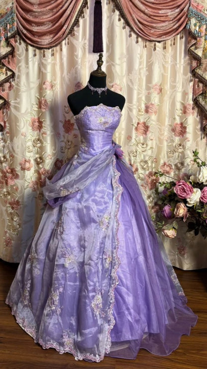 Vintage Sweet 16 Ball Gown Strapless Embroidery Lavender Organza Satin Long Prom Dress Formal Dress,AST2110