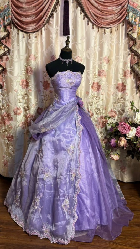 Vintage Sweet 16 Ball Gown Strapless Embroidery Lavender Organza Satin Long Prom Dress Formal Dress,AST2110
