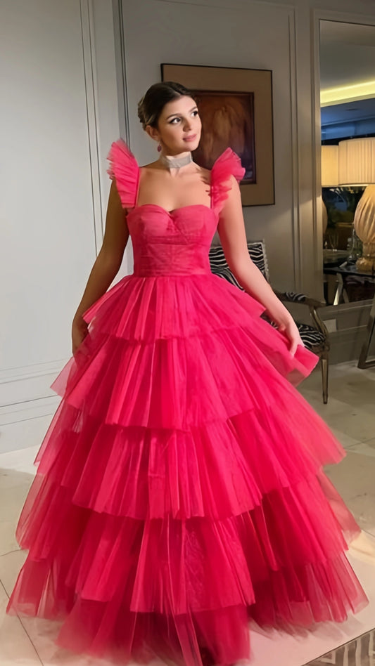 Fuchsia Organza Long Prom Dresses, Tiered Evening Formal Party Gown, AST1526