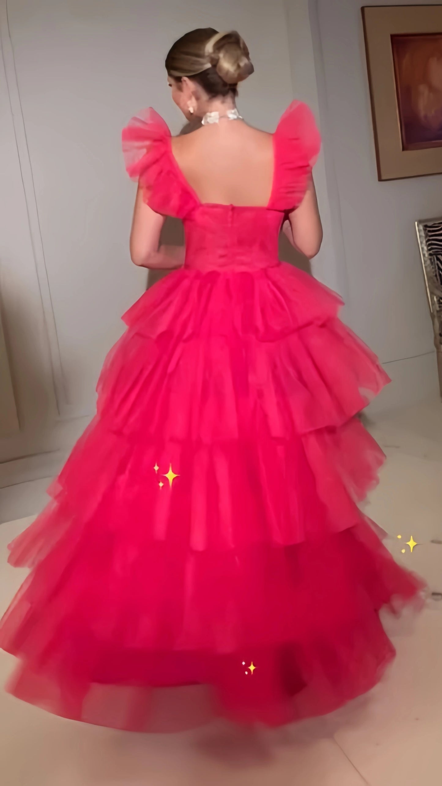 Fuchsia Organza Long Prom Dresses, Tiered Evening Formal Party Gown, AST1526