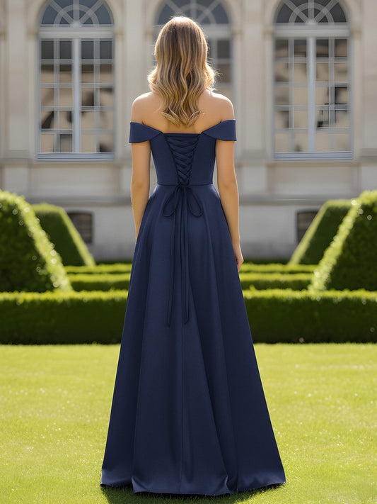 Off-The-Shoulder A-Line Satin Minimal Dress Dark Navy