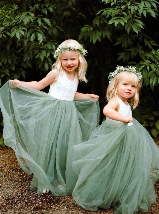 White Green Tulle Cute Flower Girl Dress,AST1002