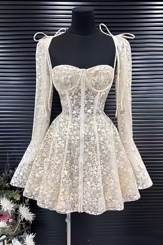 White Lace Homecoming Dresses A-line Hoco Party Dresses Long Sleeves Outfits,AST2004