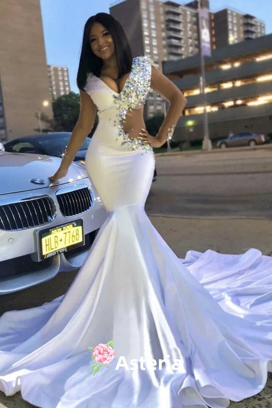 White Mermaid Beaded Long Prom Dress,AST962