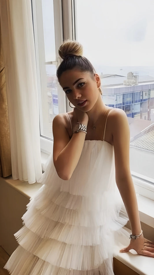 White Tulle Ruffle Homecoming Dresses A-line Graduation Dress, AST2041