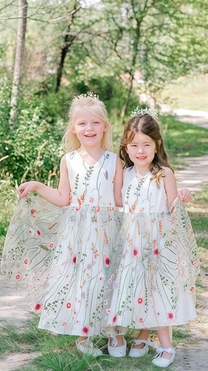 White V-neck Floral Flower Girls Dresses,AST1649