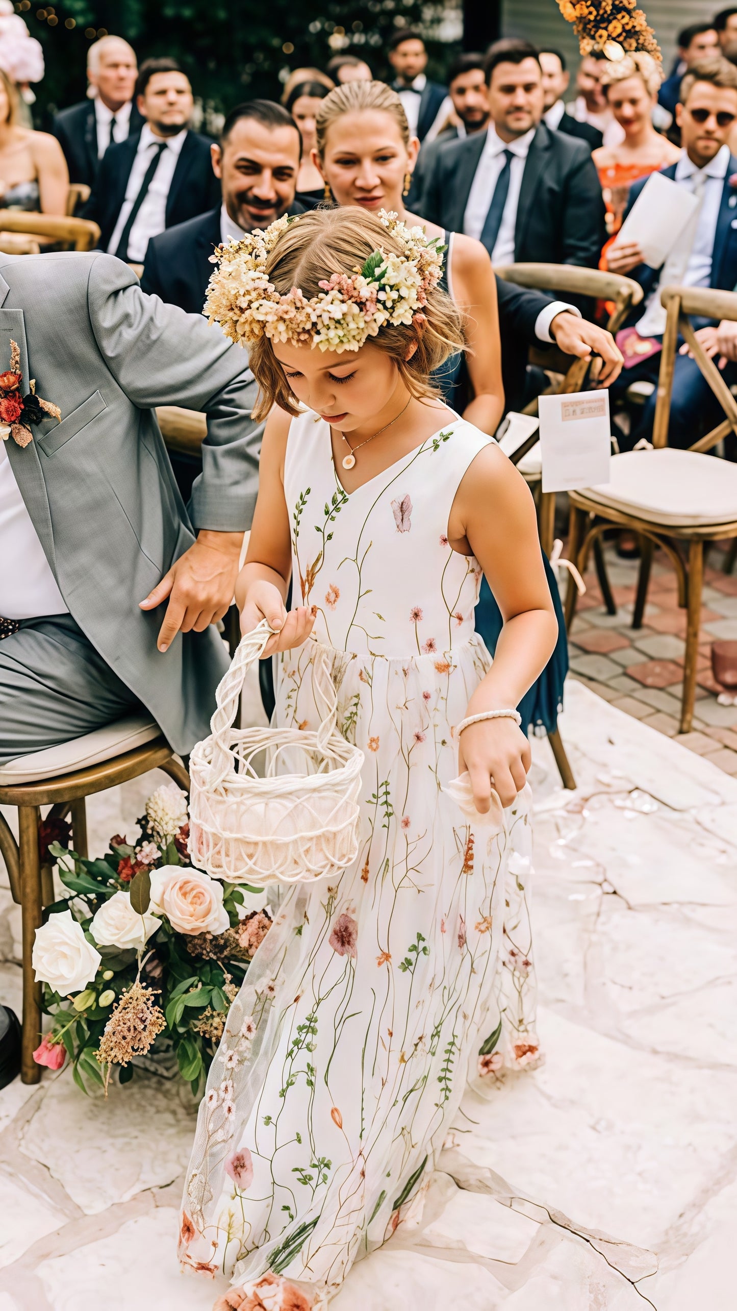 White V-neck Floral Flower Girls Dresses,AST1649