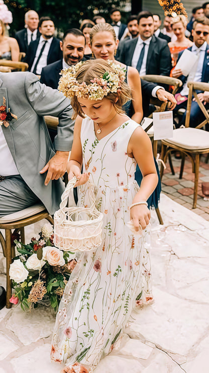 White V-neck Floral Flower Girls Dresses,AST1649