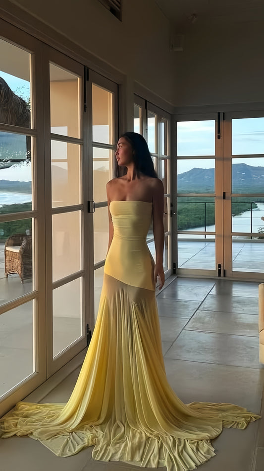 Yellow Chiffon Long Prom Dresses Strapless Evening Formal Dress,AST2056