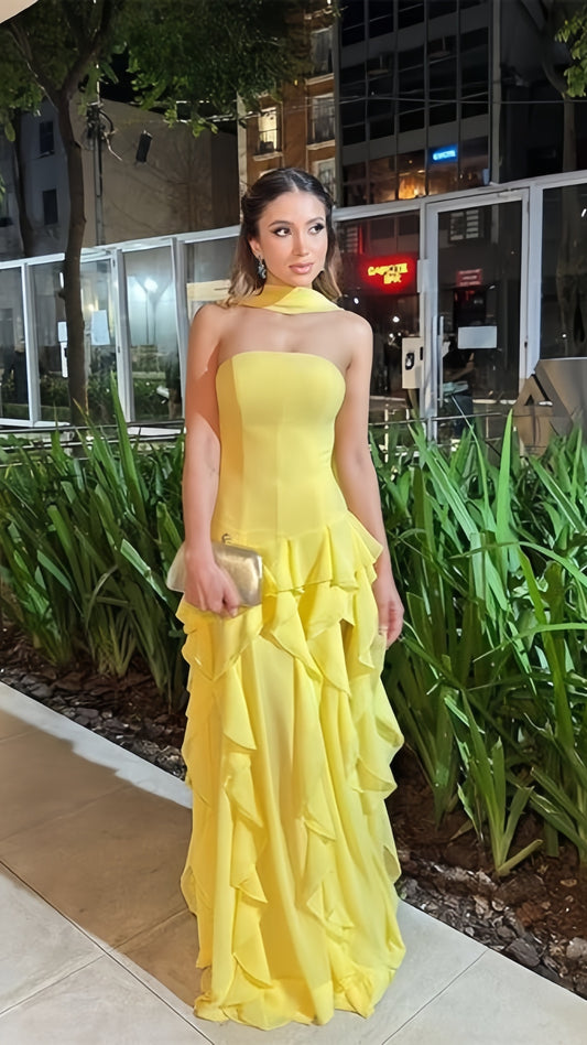 Yellow Chiffon Ruffle Prom Dresses Strapless Evening Party Dress,AST2239