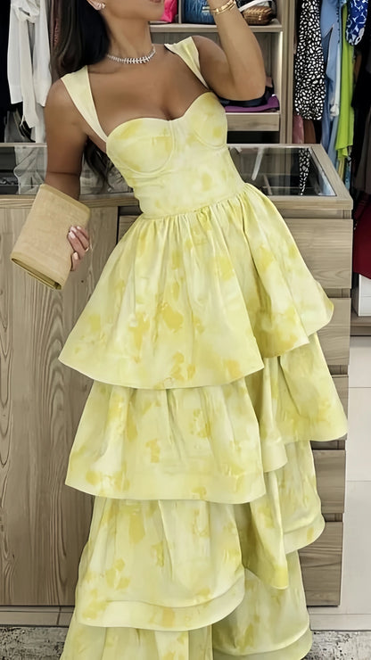 Yellow Floral Print Long Prom Dresses, Tie Dye Flax Evening Party Gown, AST1585