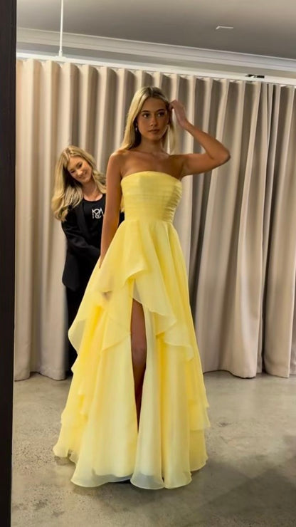Yellow Strapless A-Line Prom Dresses With Slit,AST2092