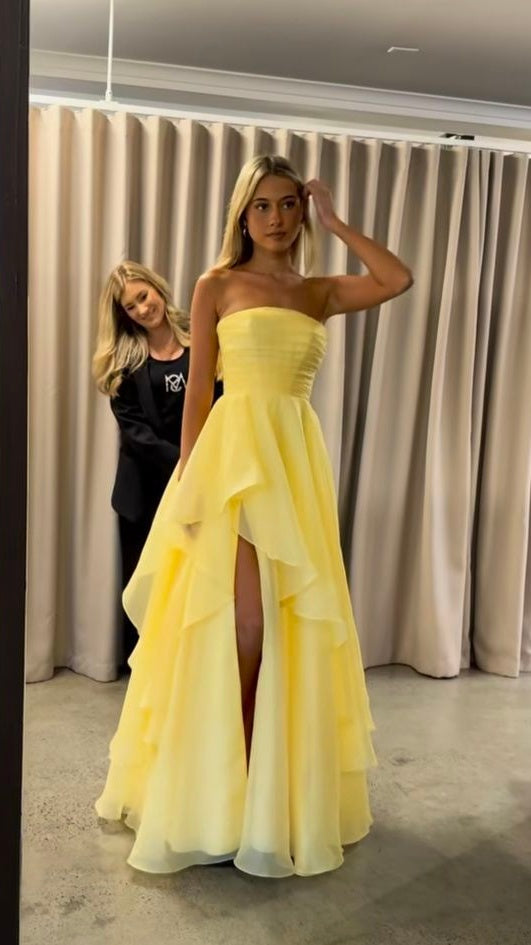 Yellow Strapless A-Line Prom Dresses With Slit,AST2092