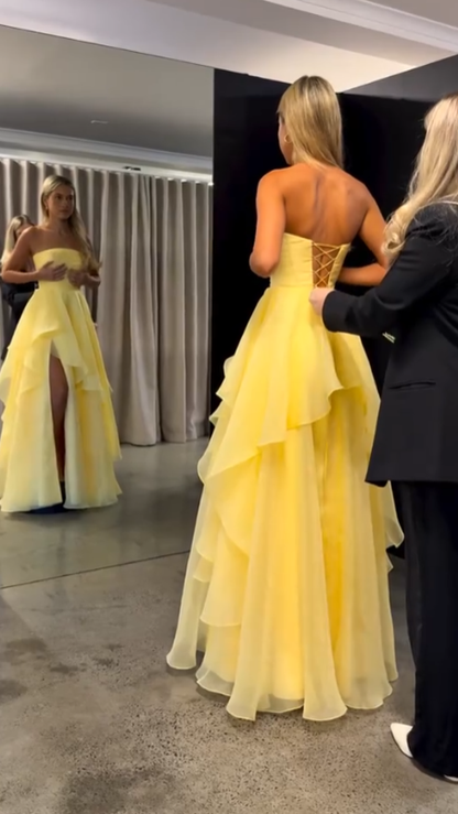 Yellow Strapless A-Line Prom Dresses With Slit,AST2092