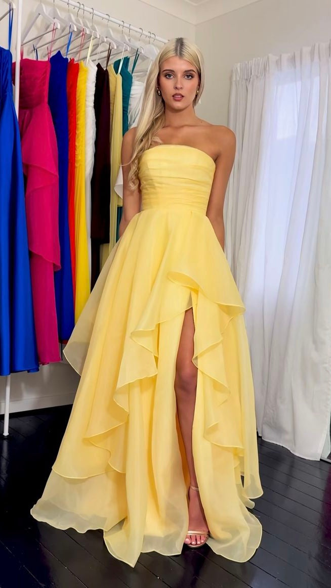 Yellow Strapless A-Line Prom Dresses With Slit,AST2092