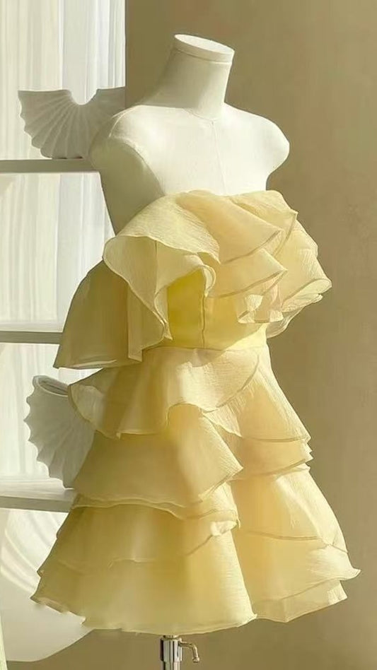 Yellow Strapless Ruffle Homecoming Dresses A-line Short Prom Dress,AST2064