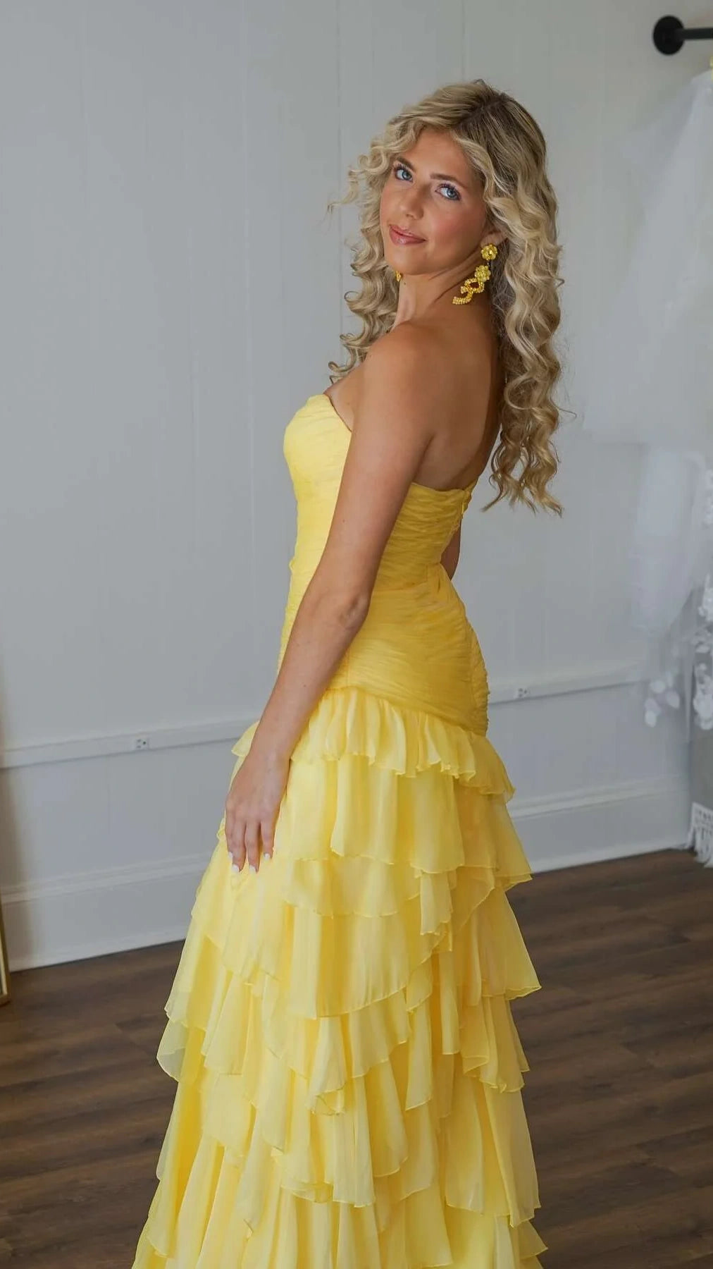 Yellow Sweetheart Ruffle Prom Dress, Long Party Dresses, Chiffon Evening Gown, AST1560