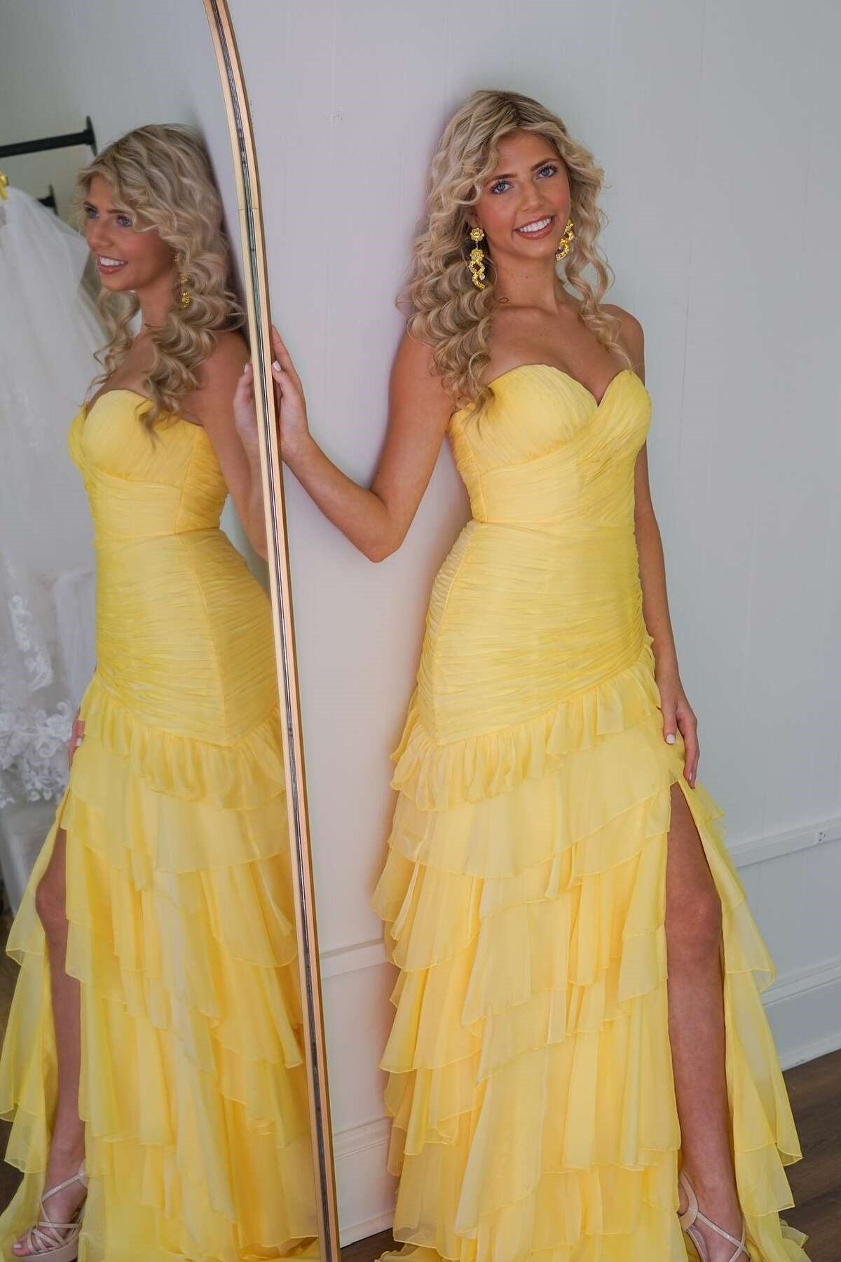 Yellow Sweetheart Ruffle Prom Dress, Long Party Dresses, Chiffon Evening Gown, AST1560