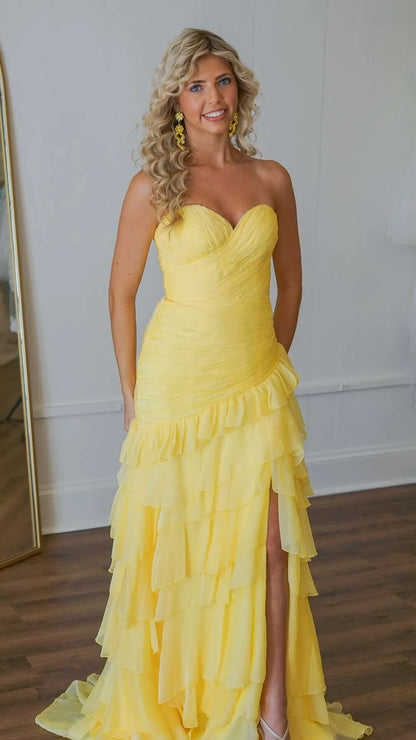 Yellow Sweetheart Ruffle Prom Dress, Long Party Dresses, Chiffon Evening Gown, AST1560