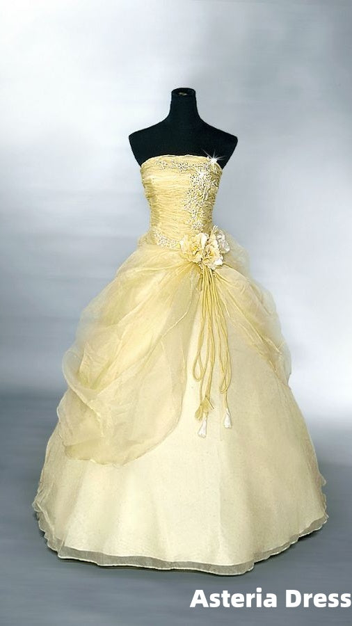 Yellow Ball Gown Strapless Beaded Appliques Floral Sweet 16 Dress