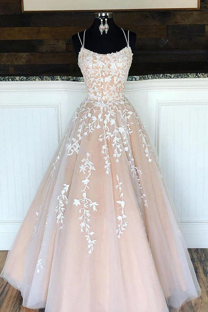 A-line Round Neck Tulle Lace Prom Dresses Formal Dresses,AST1242