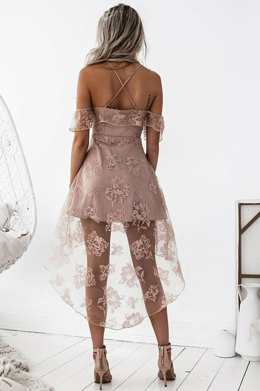 A-Line High Low Blush Sleeveless Lace Homecoming Dress, AST1150